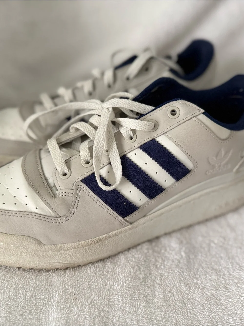 adidas Off-White Leather Sneakers with Navy Stripes